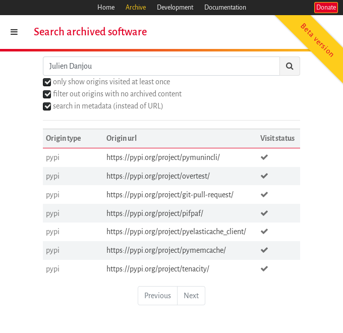 screenshot of the metadata search for 'Julien Danjou', showing his projects on PyPI: pymunincli, pifpaf, etc.